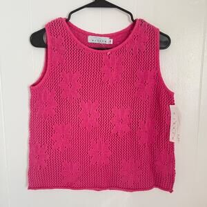 Y2K Hot Pink Crochet Tank Top M Floral Knit Cotton NWT Coquette Fairy USA Made